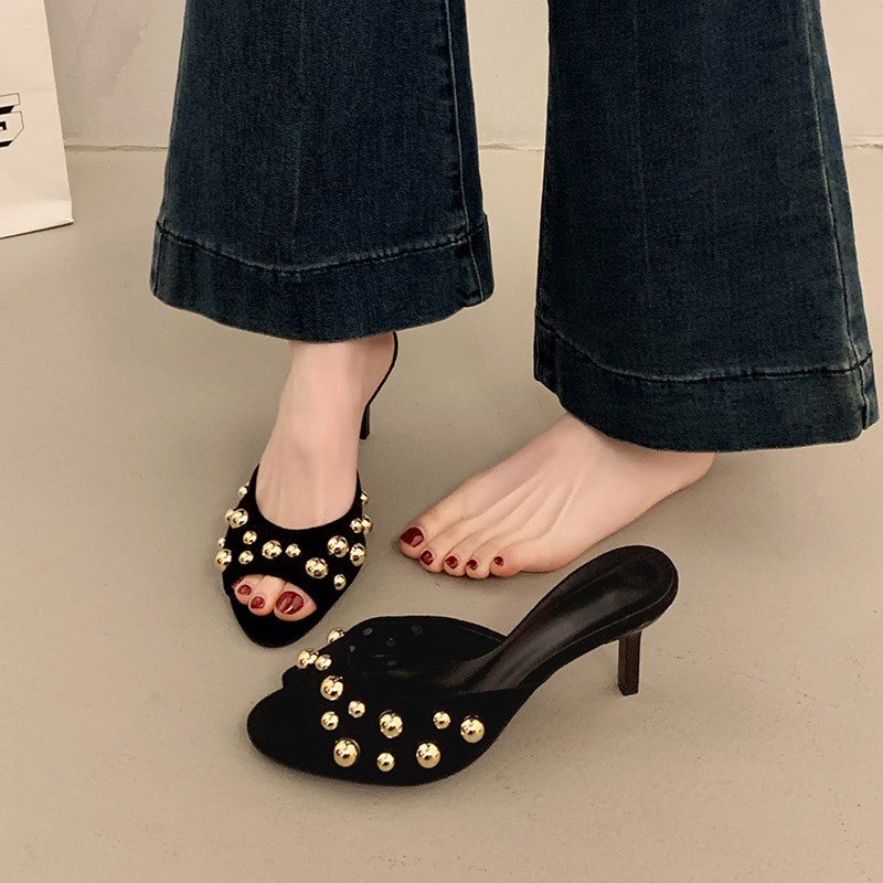 Damen Offene Mules mit glänzenden Perlenverzierungen und elegantem Absatz R&B