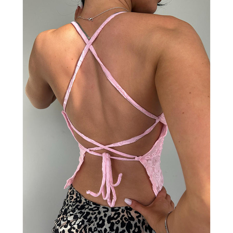 Damen Spitzen-Crop-Top mit verstellbaren Spaghetti-Trägern und floralem Muster R&B