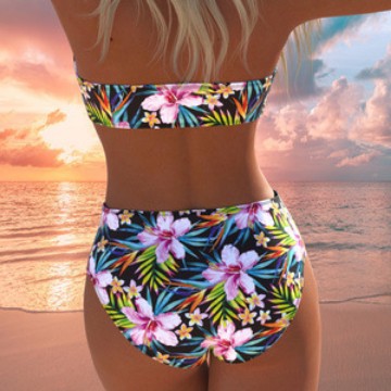 Damen Bandeau-Bikini-Set mit hochgeschnittenem Höschen und tropischem Blütenmuster R&B