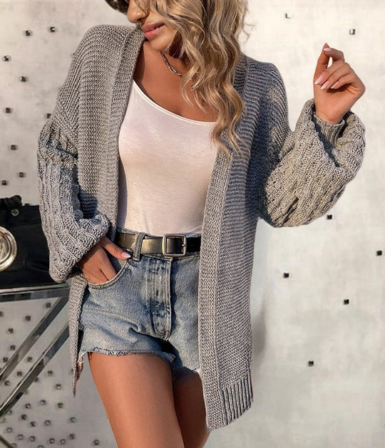 Damen lockerer Strickcardigan mit strukturierten Ärmeln und offenem Schnitt R&B