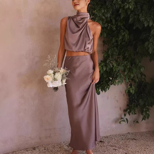Damen elegante Zweiteiler mit ärmellosem Oberteil und schwingendem Rock R&B