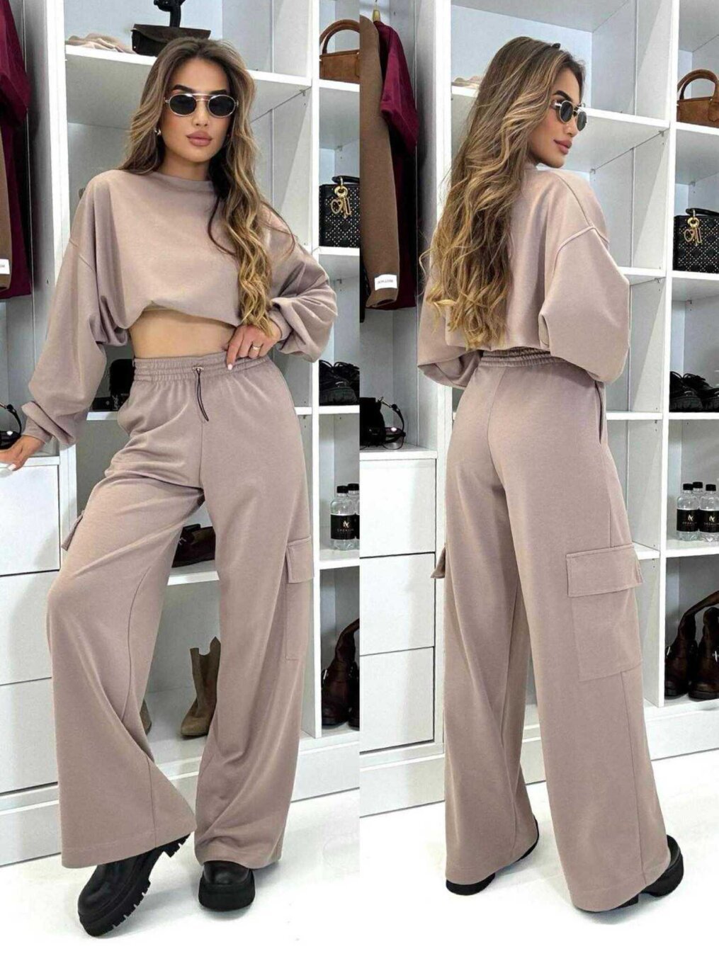 Damen lässiges Cargo-Loungewear-Set mit cropped Oberteil und weitem Bein R&B