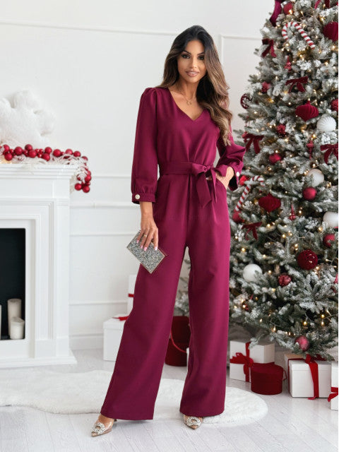 Damen Eleganter Jumpsuit mit taillierbarem Gürtel und V-Ausschnitt R&B
