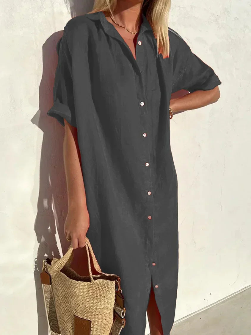R&B | Knopfkleid mit weitem Ausschnitt und schmalen Ärmeln, elegant und locker, für Frauen – aus Baumwolle
