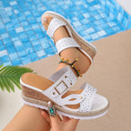 Damen Wedge-Pantoletten mit modischen Schnallen und floralem Cut-Out-Design R&B