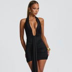Damen Mini-Kleid mit tiefem V-Ausschnitt und Wickeldesign R&B