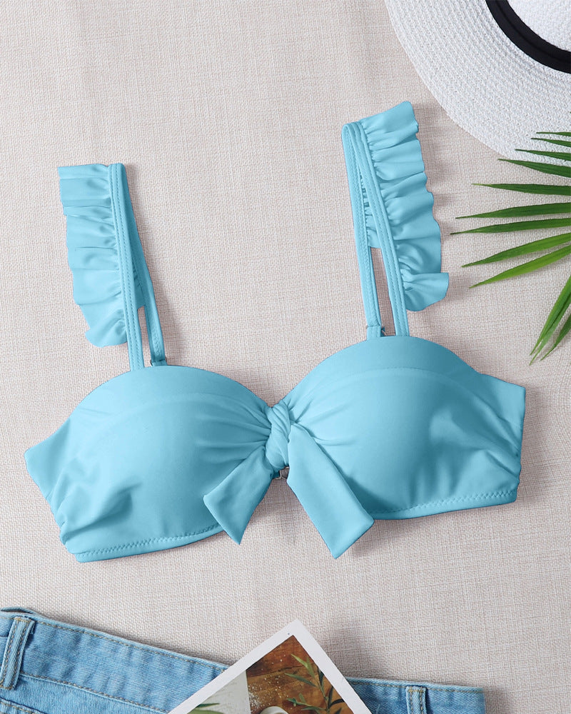 Damen Triangel-Bikinioberteil mit verspieltem Rüschendesign und knotenförmigem Ausschnitt R&B