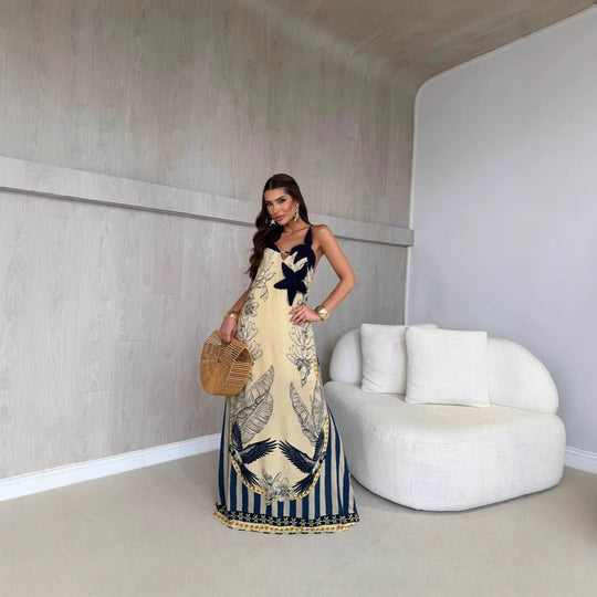 Damen Maxi-Kleid mit floralem Druck und kontrastierenden Akzenten R&B
