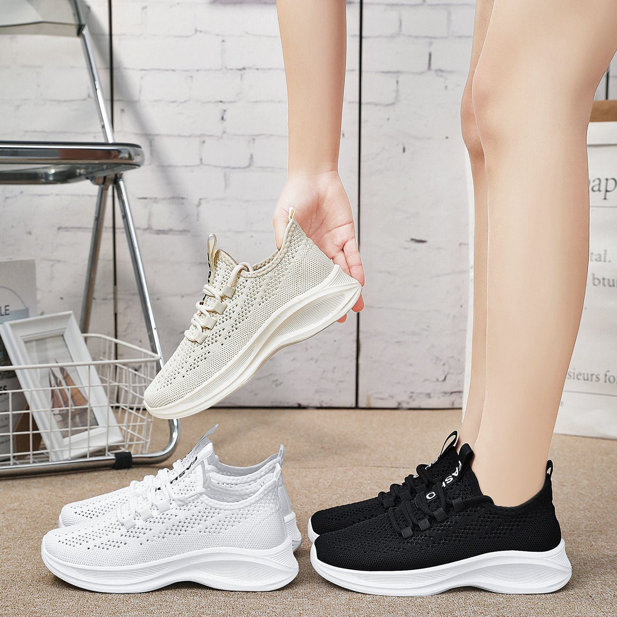 Damen nan gestrickter Slip-On Komfort-Sneaker mit sockenähnlichem Schaft, atmungsaktivem 3D-Mesh und gedämpfter EVA-Keilsohle R&B