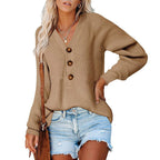 Damen Strickpullover mit V-Ausschnitt und dekorativen Knöpfen R&B