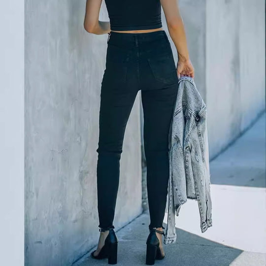 Damen Hochtaillierte Skinny Jeans mit knöpfbarem Bund und figurbetontem Schnitt R&B