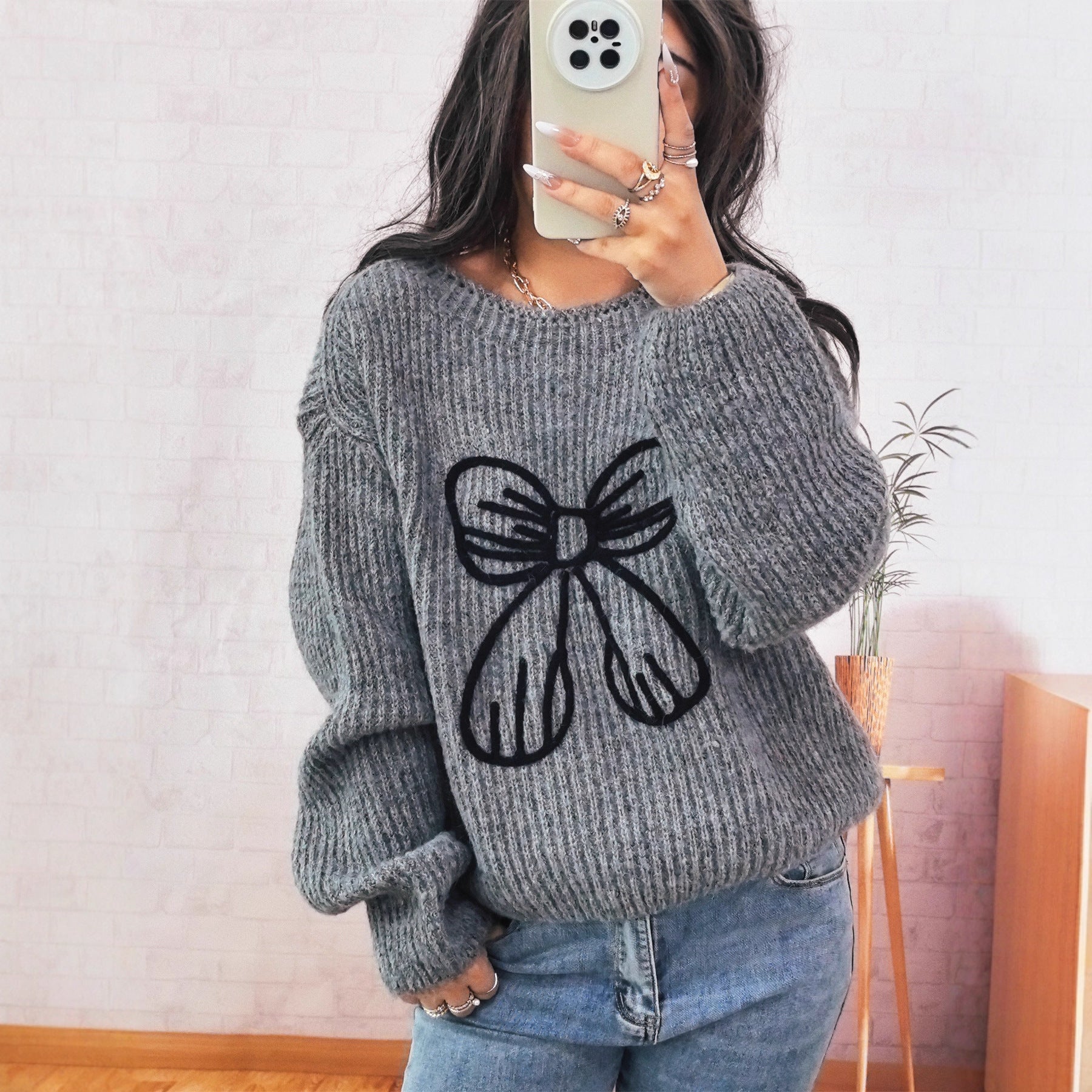 Damen Grobstrickpullover mit verspieltem Schleifenmotiv R&B