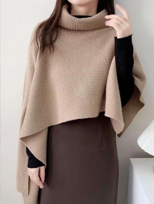 Damen Strickponcho mit hohem Kragen und asymmetrischem Schnitt R&B