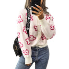 Damen gemütliche Strickjacke mit floralem Muster und Knopfverschluss R&B