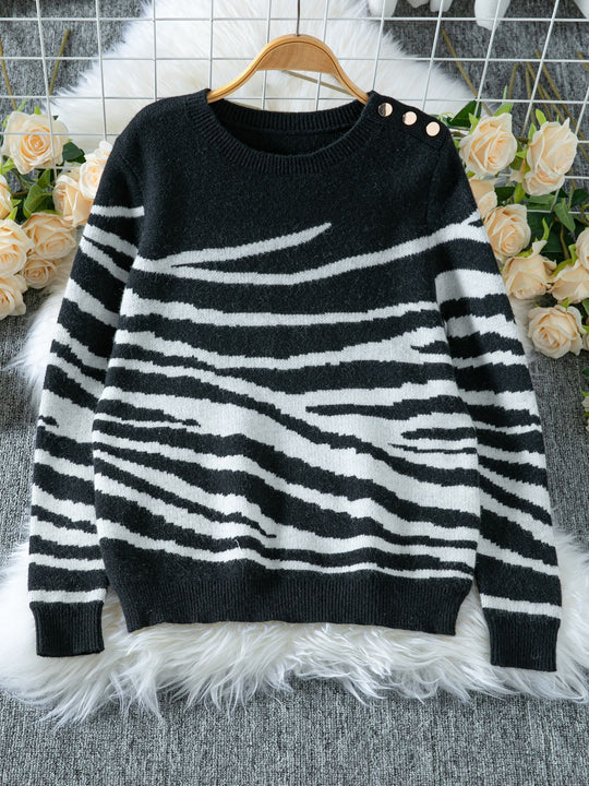 Damen gemütlicher Strickpullover mit modernem Zebrastreifen-Muster und komfortablem Schnitt R&B