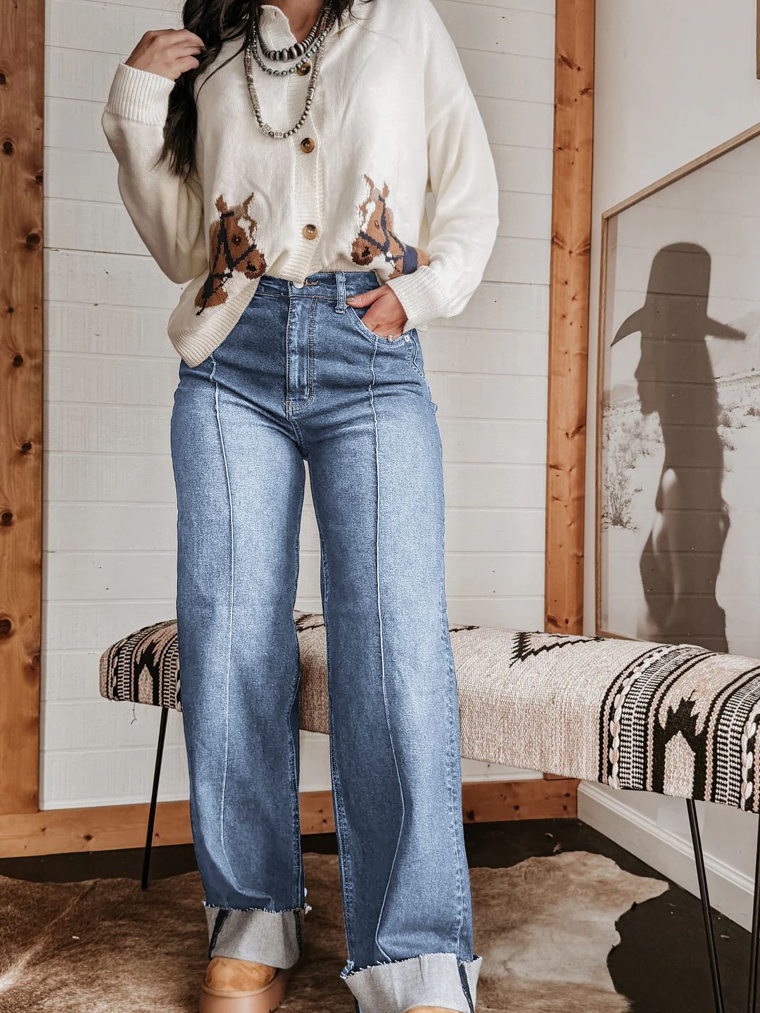 Damen weite High-Waist Jeans mit einzigartigen Kontrastnähten und lässigem Look R&B