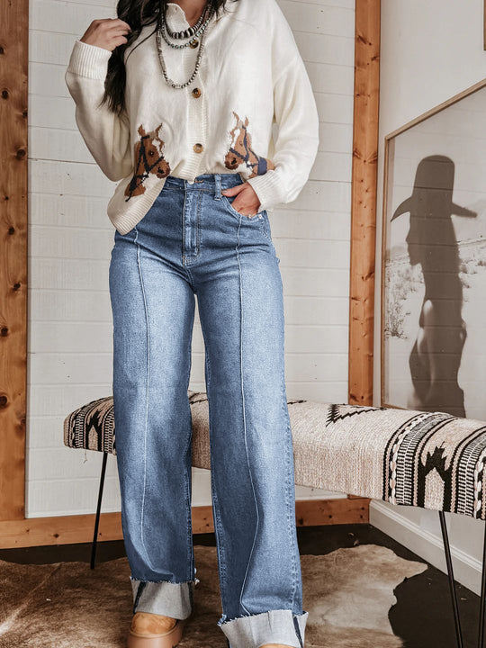 Damen weite High-Waist Jeans mit einzigartigen Kontrastnähten und lässigem Look R&B