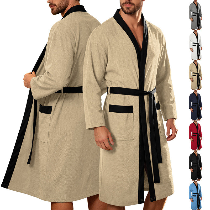 Herren nan leichter Baumwoll-Kimonobademantel mit Waffelstruktur und aufgesetzten Taschen R&B
