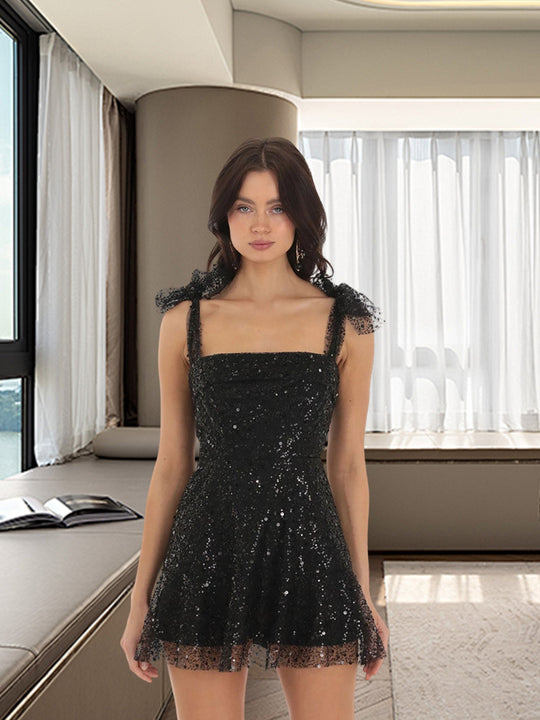 Damen Glitzerndes Minikleid mit dekorativen Trägern und funkelnden Details R&B