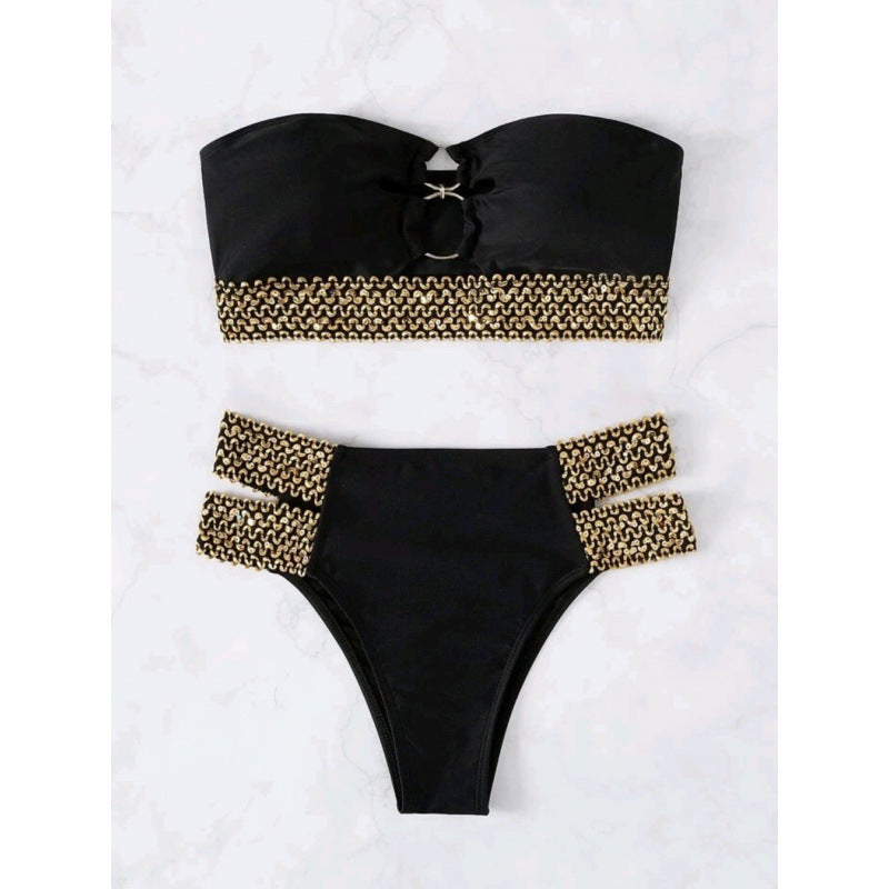 Damen Bandeau-Bikini mit goldenen Akzenten und hohem Taillenschnitt R&B