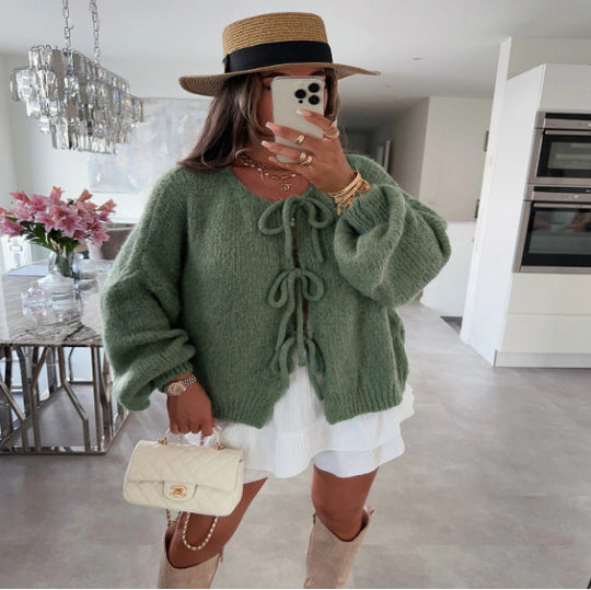 Damen lässiger Strickmantel mit Schleifenverschluss und voluminösen Ärmeln R&B