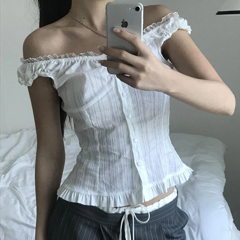 Damen Off-Shoulder Bluse mit Rüschensaum R&B