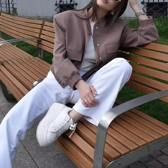 Damen elegante Sweatjacke mit praktischen Taschen und modernem Stehkragen R&B