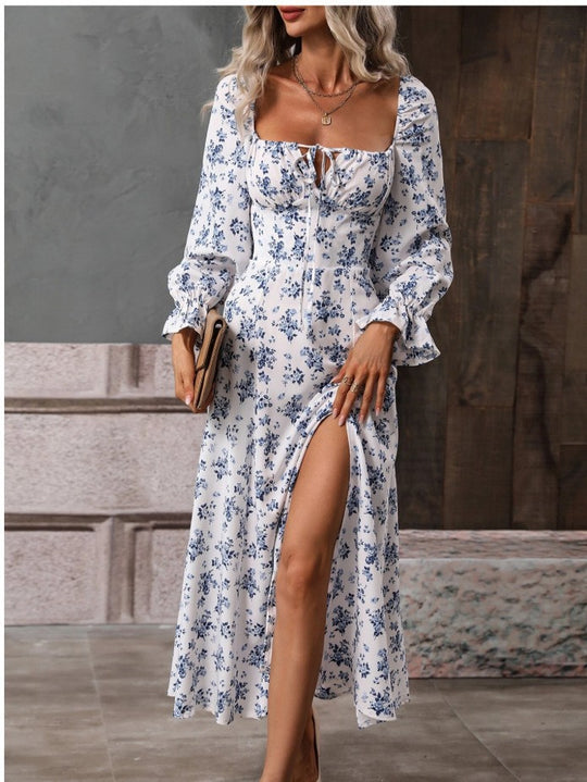 Damen Maxikleid mit tiefem Ausschnitt und Rüschenärmeln R&B