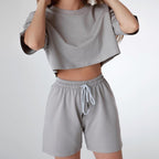 Damen lässiges Crop-Top und Shorts-Set mit elastischem Bund R&B