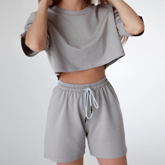 Damen lässiges Crop-Top und Shorts-Set mit elastischem Bund R&B