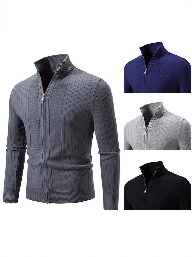 Herren Strickpullover mit hochschließendem Reißverschluss und feinem Rippdesign