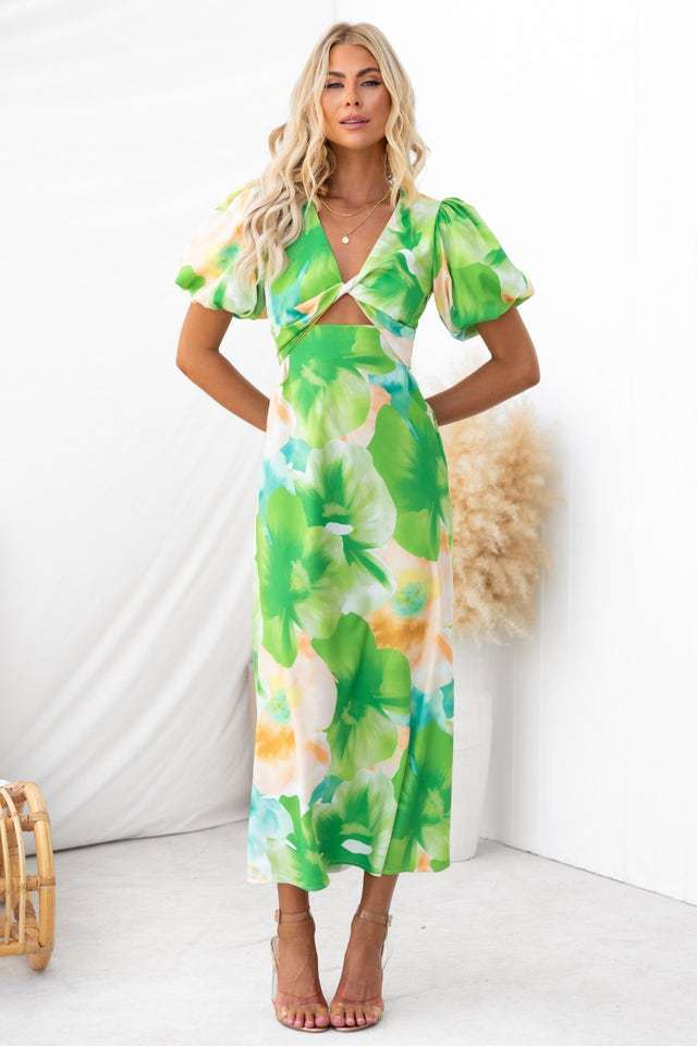 Damen Maxikleid mit floralen Akzenten und effektvollem Cut-Out R&B