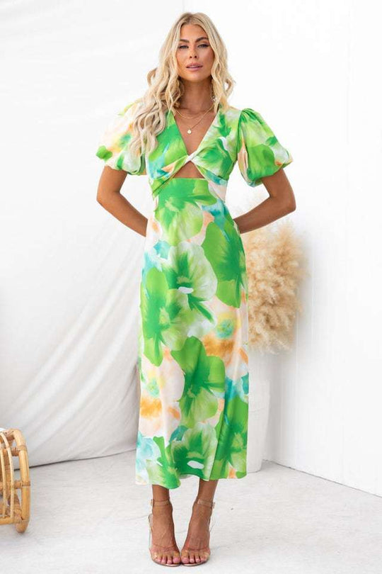Damen Maxikleid mit floralen Akzenten und effektvollem Cut-Out R&B