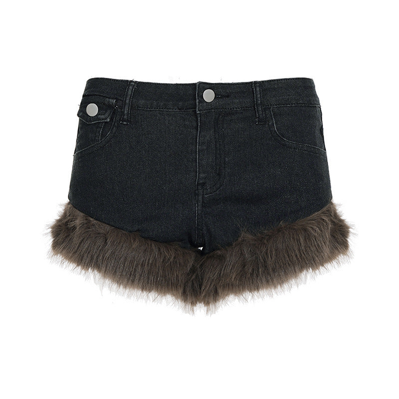 Damen Jeansshorts mit luxuriösem Kunstpelzsaum R&B