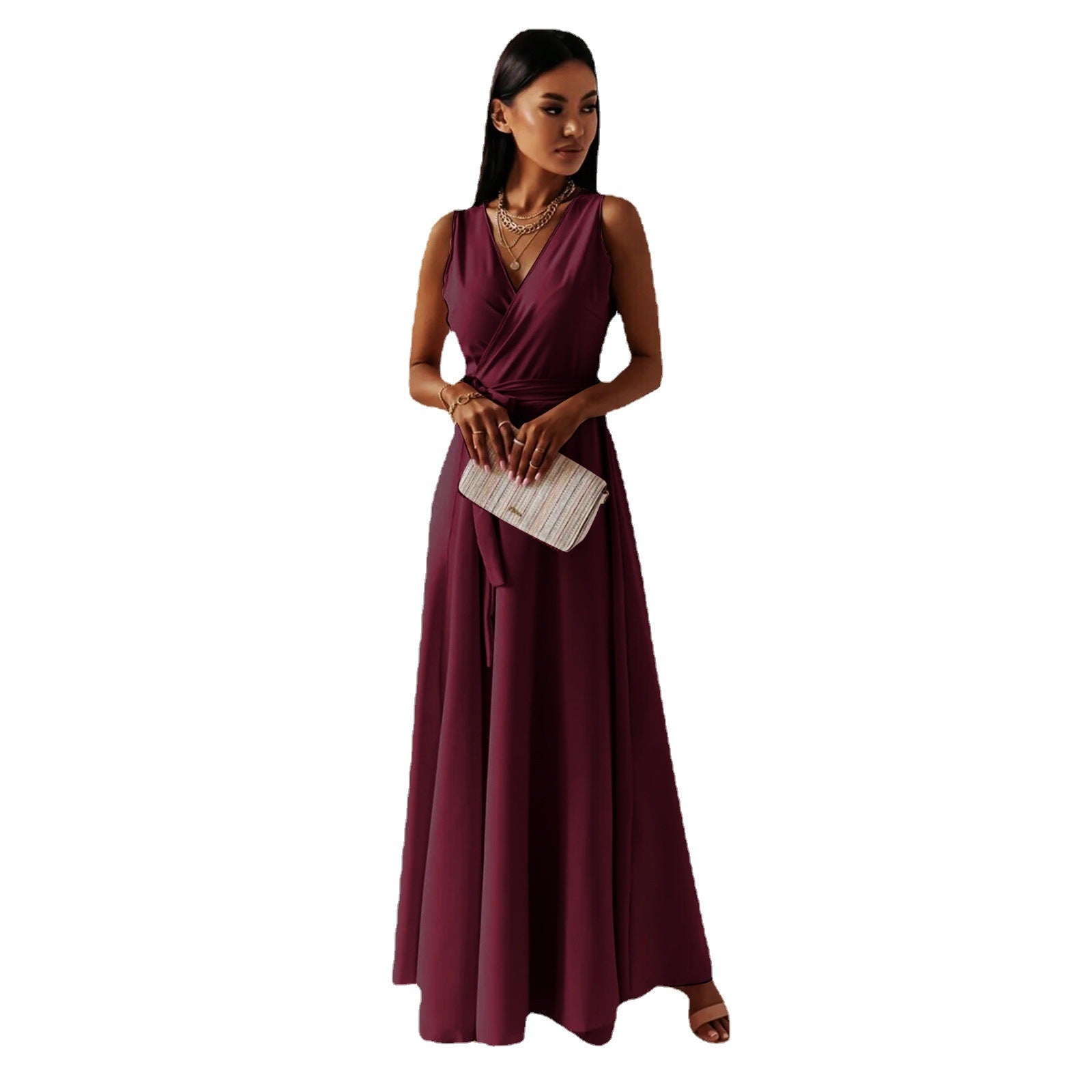 Damen Maxikleid mit elegantem Wickel-Design und schwingendem Rock R&B