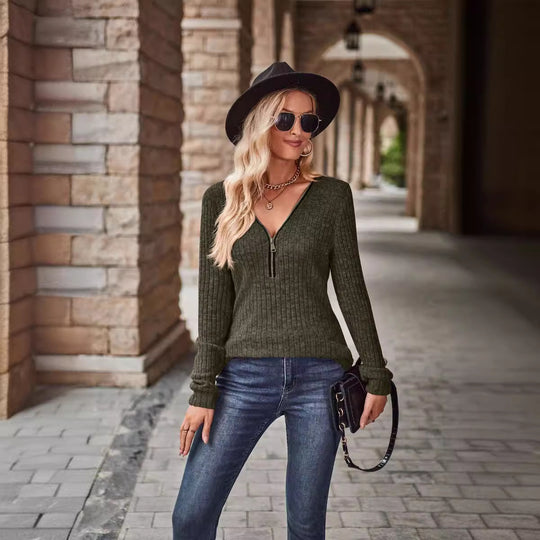 Damen Modischer Pullover mit teilbarem Reißverschluss und Rippstrick-Muster R&B