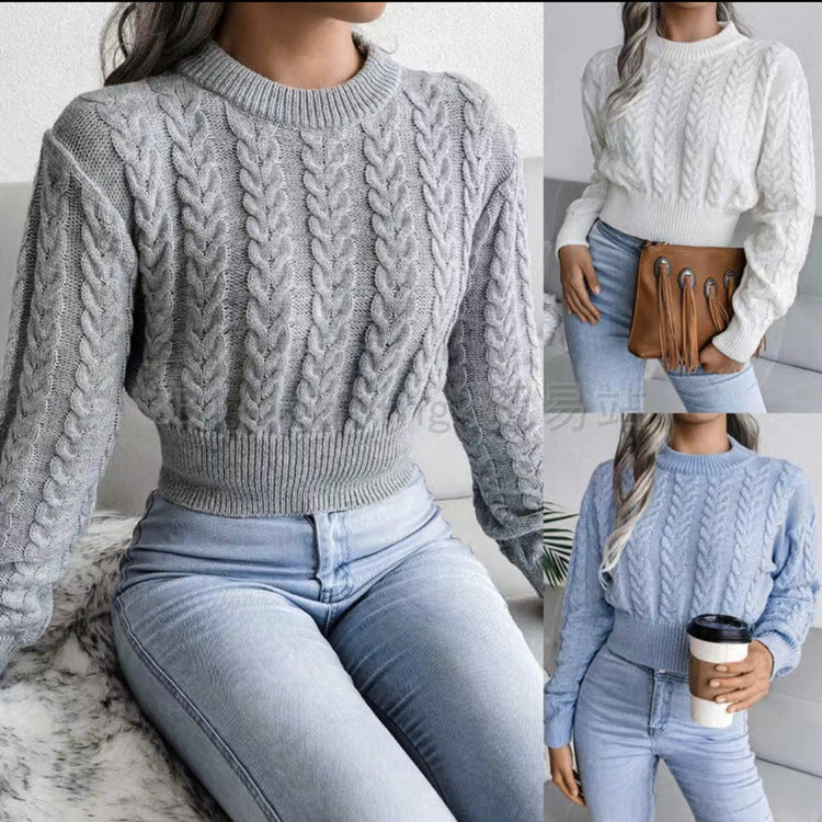 Damen Grobstrickpullover mit verlängertem Bund und Kunstleder-Applikationen R&B