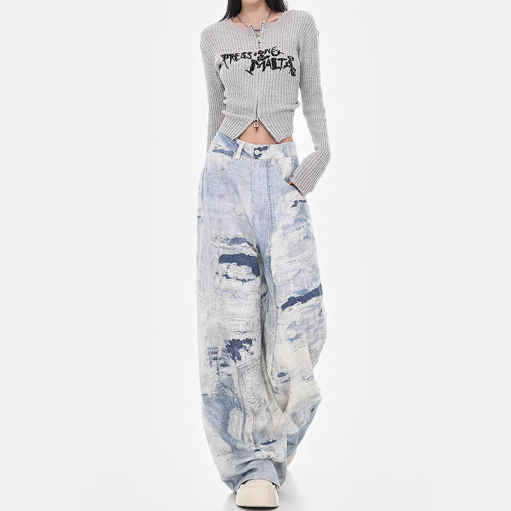 Damen Weite Jeanshose im kreativen Kunstdesign R&B