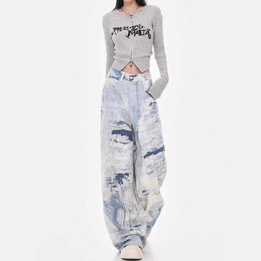 Damen Weite Jeanshose im kreativen Kunstdesign R&B