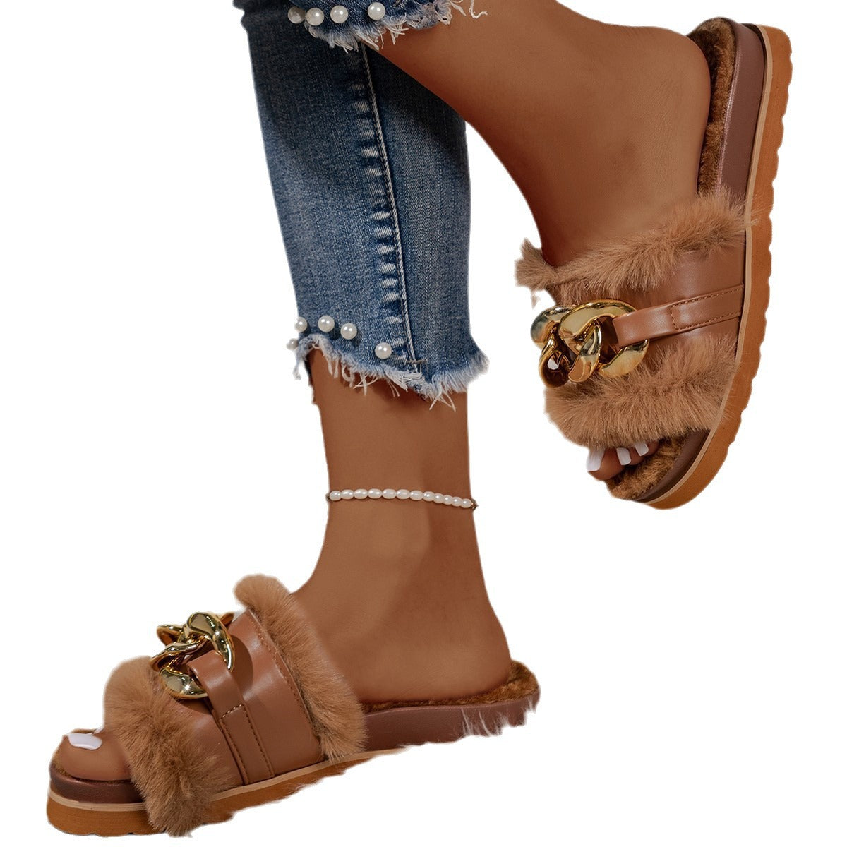 Damen Slide-Sandalen mit modischem Pelzbesatz und auffälliger Kettenapplikation R&B