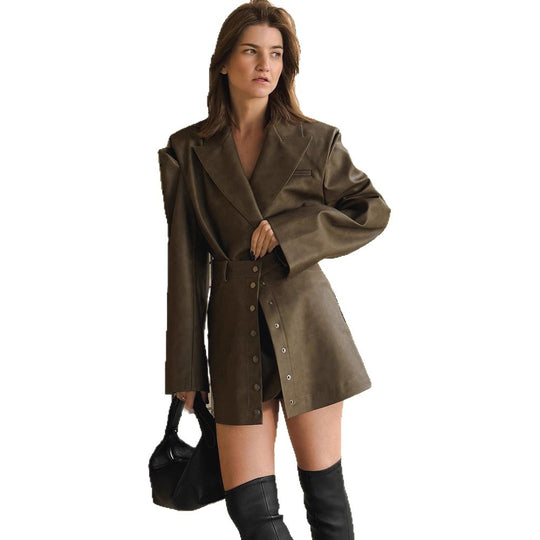 Damen lässige Kunstlederjacke mit hohem Kragen und praktischen Druckknöpfen R&B