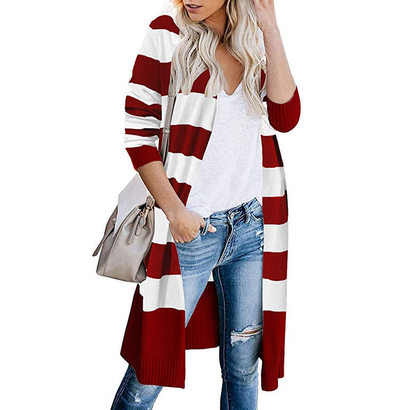 Damen Langer Strickcardigan mit gestreiftem Design R&B
