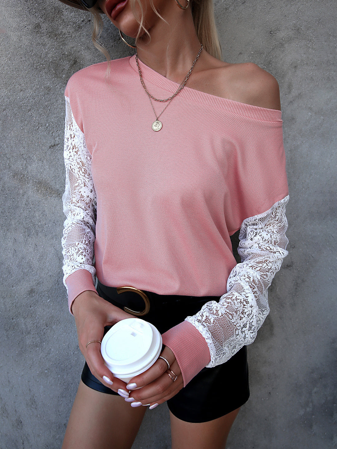 Damen Elegantes Langarm-Oberteil mit Spitze und strukturierter Oberfläche R&B