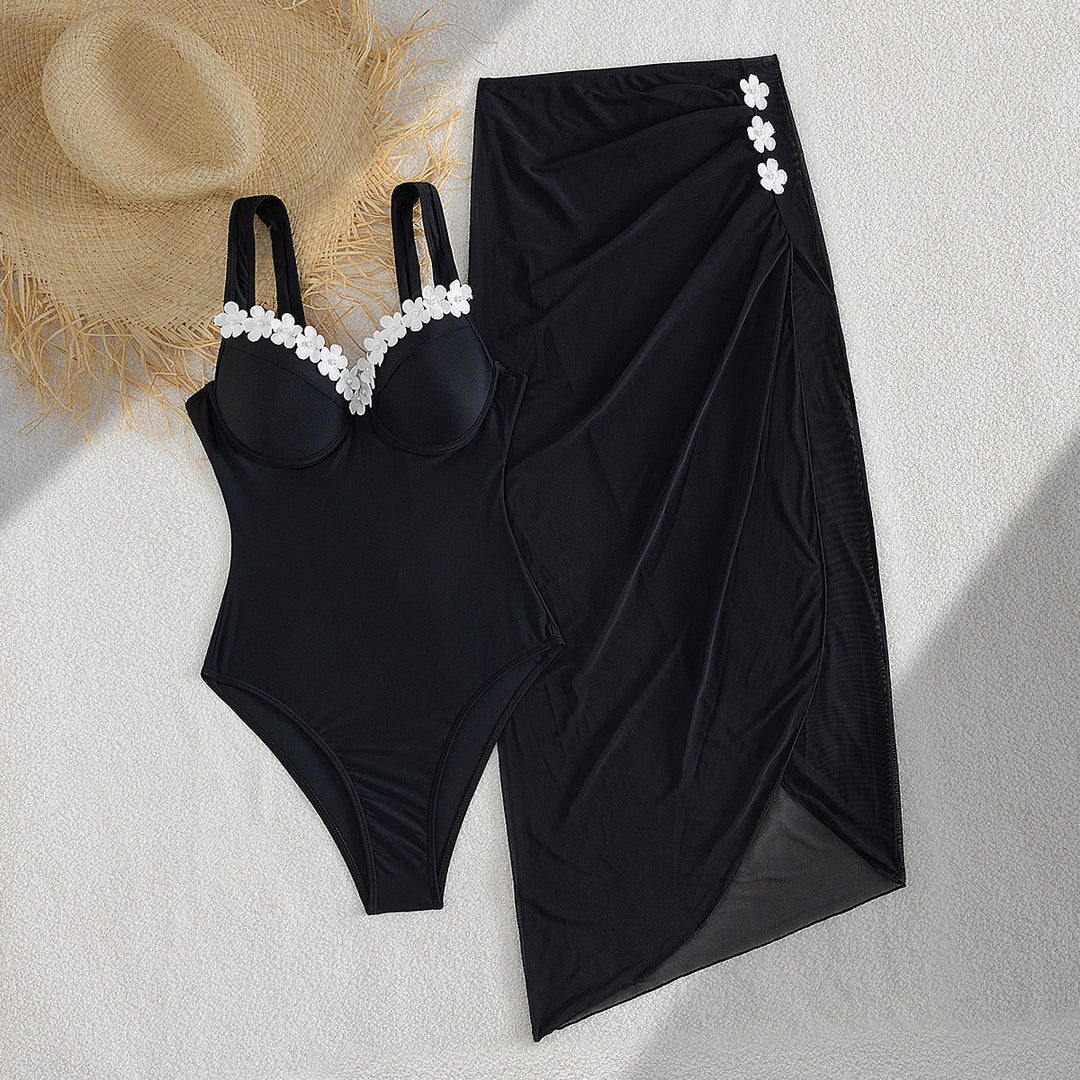 Damen Eleganter Einteiler Badeanzug mit transparentem Rock R&B