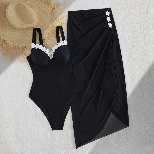 Damen Eleganter Einteiler Badeanzug mit transparentem Rock R&B