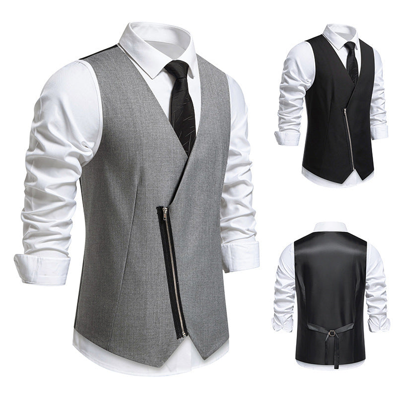 Herren moderne Anzugweste mit asymmetrischem Reißverschluss und eleganter Passform R&B