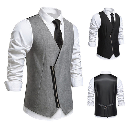 Herren moderne Anzugweste mit asymmetrischem Reißverschluss und eleganter Passform R&B