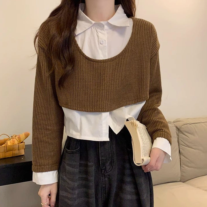 Damen Cropped Strickpullover mit integriertem Hemd