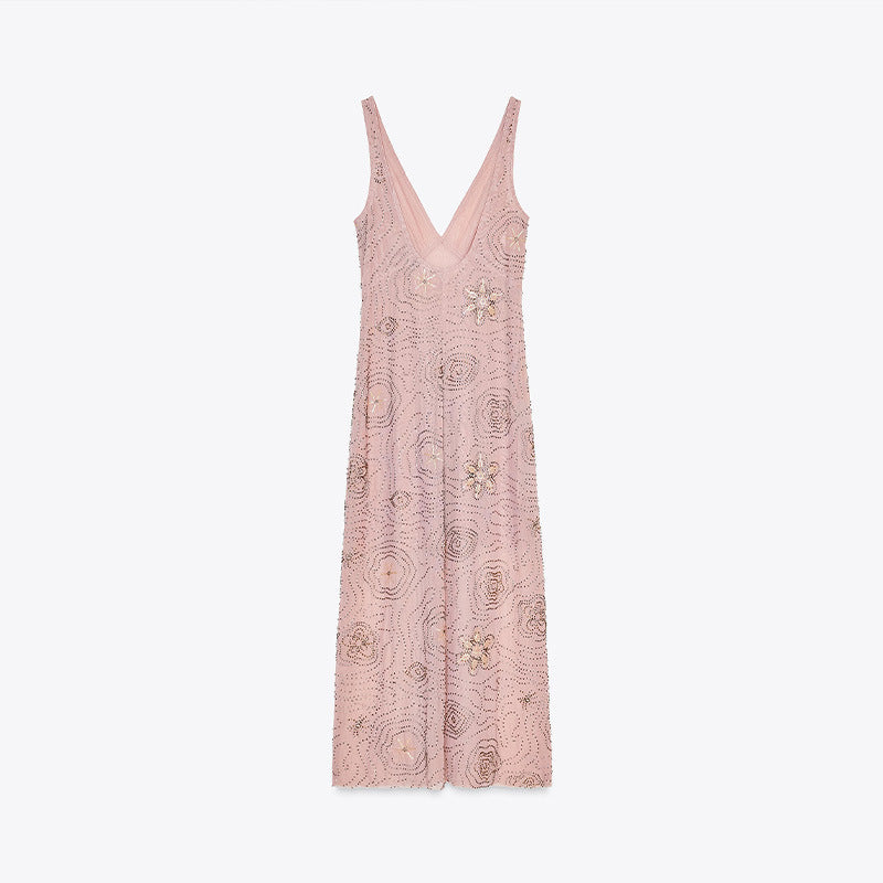 Damen Elegantes Glitzer-Maxikleid mit V-Ausschnitt und floralen Applikationen