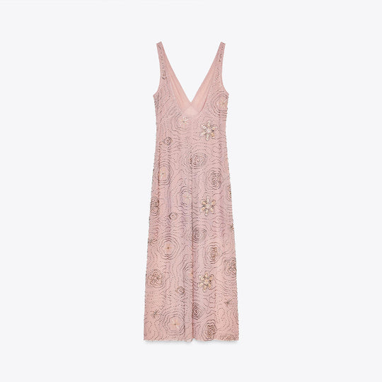 Damen Elegantes Glitzer-Maxikleid mit V-Ausschnitt und floralen Applikationen R&B